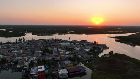 Aerial-view-backwards-over-the-Mexcaltitan-Magic-Town,-sunset-in-Nayarit,-Mexico