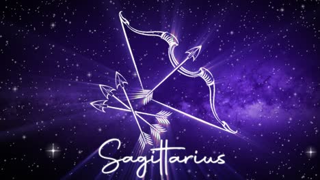 Astrological-star-sign-for-Sagittarius,-with-a-shimmering-symbol-on-a-deep-space-background-with-stars-in-3D-space-and-a-smooth-arcing-camera-move,-in-a-mystical-dark-purple-and-pink-color-scheme