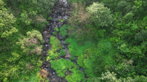 Aerial-drone-view-of-green-tropical-jungle-Bahuli-waterfall-Nashik-Maharashtra-4K-Drone