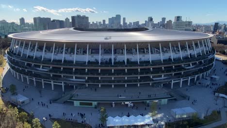 Aerial-clip-of-the-Tokyo-stadium-in-Japan-with-beautiful-modern-architecture