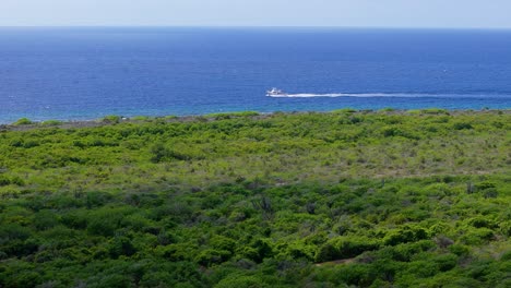 Un-Barco-De-Buceo-Navega-Frente-A-La-Costa-De-Curazao,-Una-Isla-Caribeña-De-Impresionante-Belleza-Y-Aventura.