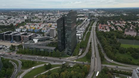 Exhilarating-view-over-Munich-city-from-highest-building-office-towers