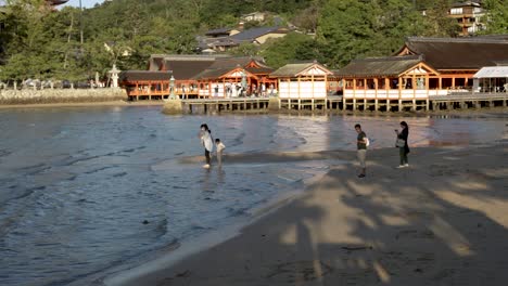 Family-Seen-Wading-Into-Incoming-Tide-Waters-At-Itsukushima-Shrine-During-Afternoon
