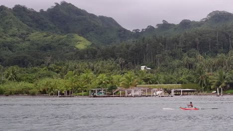 Polynesian-boater-paddles-outrigger-canoe-along-misty-tropical-shore