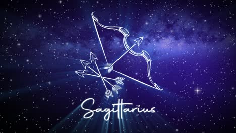 Astrological-star-sign-for-Sagittarius,-with-a-shimmering-symbol-on-a-deep-space-background-with-stars-in-3D-space-and-a-smooth-camera-move-slowly-pushing-into-a-close-up,-in-dark-blue-and-teal-colors
