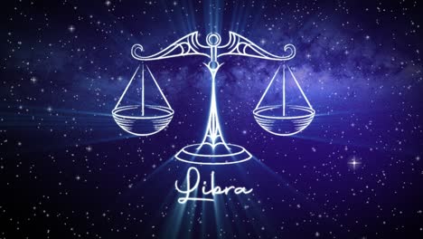 Astrological-star-sign-for-Libra,-with-a-shimmering-symbol-on-a-deep-space-background-with-stars-in-3D-space-and-a-smooth-camera-move-slowly-pushing-into-a-close-up,-in-dark-blue-and-teal-colors