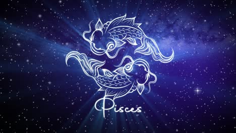 Astrological-star-sign-for-Pisces,-with-a-shimmering-symbol-on-a-deep-space-background-with-stars-in-3D-space-and-a-smooth-camera-move-slowly-pushing-into-a-close-up,-in-dark-blue-and-teal-colors