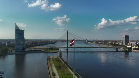 Aerial-panoramic-shot-featuring-Riga's-Vansu-bridge-over-Daugava-river-and-latvian-flag,-near-dome-cathedral,-St