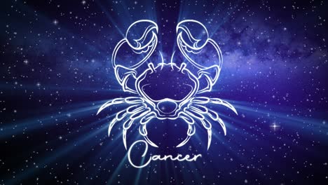 Astrological-star-sign-for-Cancer,-with-a-shimmering-symbol-on-a-deep-space-background-with-stars-in-3D-space-and-a-smooth-camera-move-slowly-pushing-into-a-close-up,-in-dark-blue-and-teal-colors