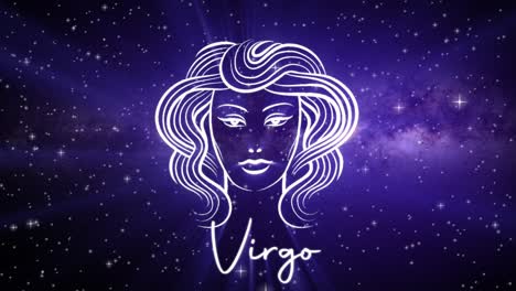 Astrological-star-sign-for-Virgo,-with-a-shimmering-symbol-on-a-deep-space-background-with-stars-in-3D-space-and-a-smooth-arcing-camera-move,-in-a-mystical-dark-purple-and-pink-color-scheme