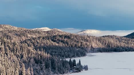 Frozen-Lake,-Snow-covered-Pine-Tree-Forest,-And-Mountain-During-Winter-In-Indre-Fosen,-Norway