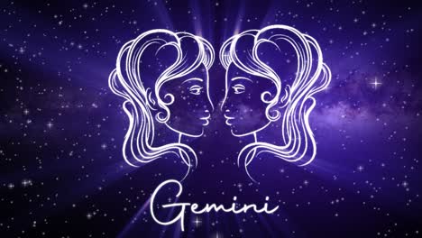 Astrological-star-sign-for-Gemini,-with-a-shimmering-symbol-on-a-deep-space-background-with-stars-in-3D-space-and-a-smooth-arcing-camera-move,-in-a-mystical-dark-purple-and-pink-color-scheme