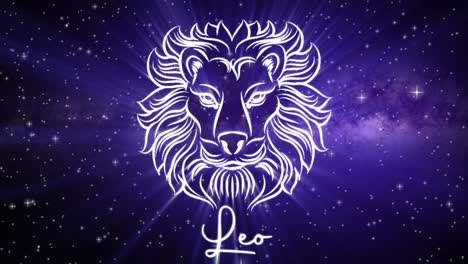 Astrological-star-sign-for-Leo,-with-a-shimmering-symbol-on-a-deep-space-background-with-stars-in-3D-space-and-a-smooth-arcing-camera-move,-in-a-mystical-dark-purple-and-pink-color-scheme