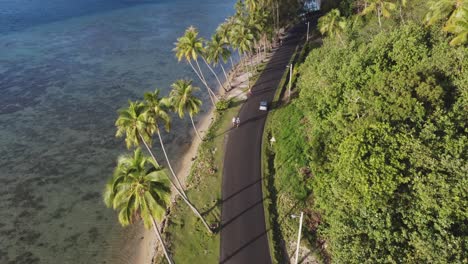Tourists-and-palm-trees-along-sunny-coastal-bay-road-on-Bora-Bora-isle
