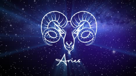 Astrological-star-sign-for-Aries,-with-a-shimmering-symbol-on-a-deep-space-background-with-stars-in-3D-space-and-a-smooth-camera-move-slowly-pushing-into-a-close-up,-in-dark-blue-and-teal-colors