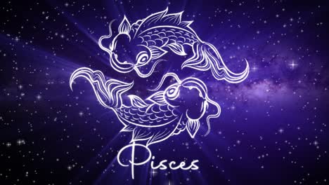 Astrological-star-sign-for-Pisces,-with-a-shimmering-symbol-on-a-deep-space-background-with-stars-in-3D-space-and-a-smooth-arcing-camera-move,-in-a-mystical-dark-purple-and-pink-color-scheme