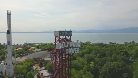 Aerial-View-of-Hollywood-Tower-at-Movieland-Amusement-Park-in-Lake-Garda,-Italy
