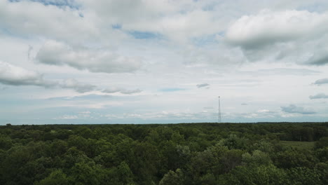 Aerial-shot-of-forest-landscape-in-Missouri,-MO,-Lamar,-vast-flatland,-day