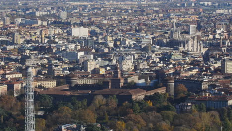 Milan-city-Castel,-Cathedral-and-Gallery-in-distance-aerial-view