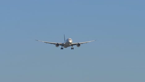 Frontal-View-of-Heavy-Passenger-Airliner-Landing,-Sky-Background-4K