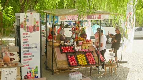 Turistas-Sedientos-Compran-Jugo-Fresco-Frío-Puesto-En-El-Mercado-Del-Pueblo-Turco