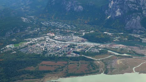 Aerial-View-Of-Squamish-Town-And-Stawamus-Chief-Provincial-Park-In-Vancouver,-British-Columbia,-Canada