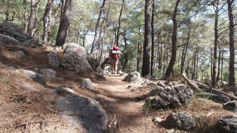 Rear-view-of-man-with-backpack-hiking-in-middle-of-rocky-mountainous-forest-in-Lycian-Way,-Turkey