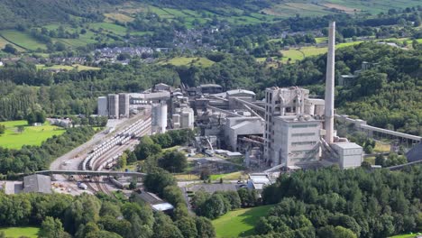 Hope-cement-works-aerial-view-orbiting-manufacturing-factory-in-idyllic-rolling-Derbyshire-countryside