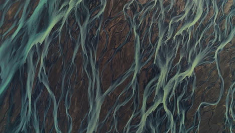 Top-Down-View-Of-Braided-Streams-Of-River-In-Kálfafell,-Iceland---Drone-Shot
