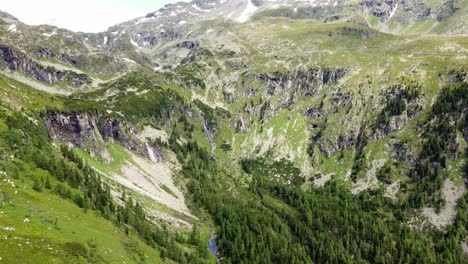 Huge-valley-with-a-forest-and-a-lot-of-cliffs-in-the-Alps-in-Kaernten,-Austria