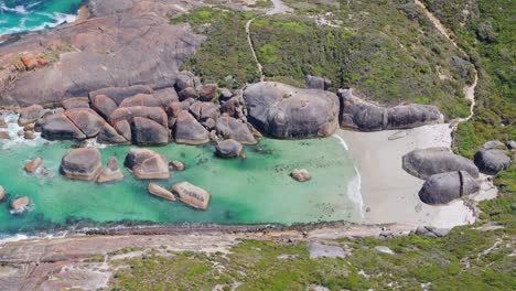 Aerial-view-of-Elephant-Rocks-in-Denmark,-Western-Australia-with-huge-boulders