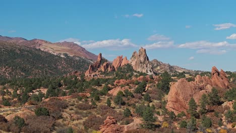 Drone-parallax-around-sheets-of-large-red-sandstone-sticking-up-from-ground-in-Garden-of-the-Gods-Colorado
