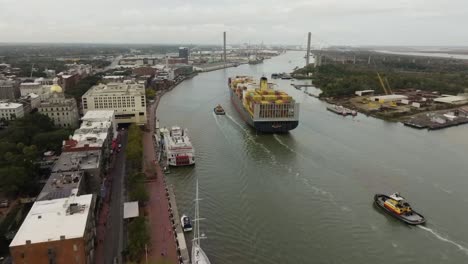 Approaching-a-large-cargo-ship-barge-moving-through-Savannah-River-in-Georgia