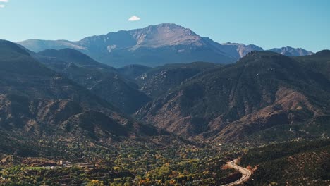 Der-Drohnenschwenk-Wird-Nach-Oben-Geneigt,-Um-Tiefe-Täler-Und-Freiliegende-Bergrücken-über-Dem-Garden-Of-The-Gods-In-Colorado-Freizulegen