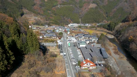 Drone-flight-over-rural-village-in-Japanese-mountains
