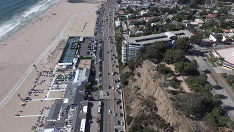 High-above-California's-Pacific-Coast-Highway-in-Santa-Monica---heavy-northbound-traffic-along-the-beach-coast
