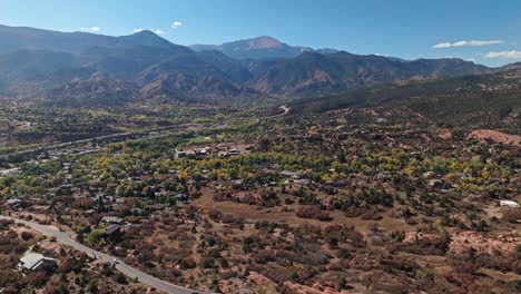 Aerial-cinematic-establishing-shot-of-Garden-of-the-Gods-Colorado-epic-mountainous-landscape