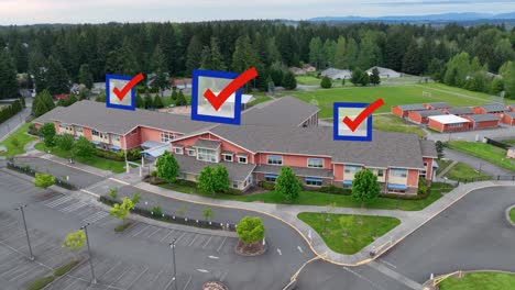 Aerial-view-of-a-public-building-with-voting-checkmarks-appearing-overhead