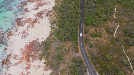 Drone-following-car-along-coastal-road-in-Margaret-River,-Western-Australia-with-cinematic-tilt-up-staying-behind-vehicle