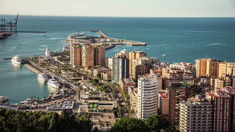 Luxury-yachts-line-the-boardwalk-of-the-Port-of-Malaga,-Spain---time-lapse