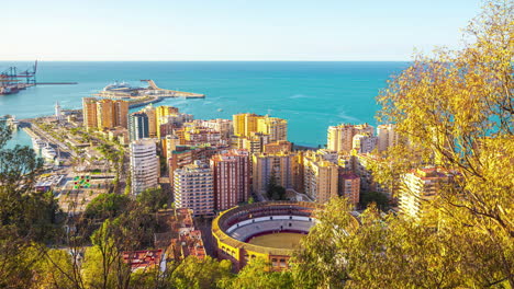 Malaga,-Spain-city-and-port-docks-and-Alboran-sea-time-lapse-during-day