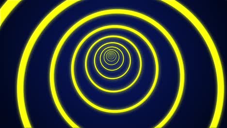 Abstrakter-Kreistunnel-Futuristisches-Portal-Leuchtender-Bunter-Neon-LED-Bildschirmring-Auf-Dunklem-Hintergrund-3D-Animation-Visueller-Effekt-Optische-Täuschung-4k-Gelb-Blau