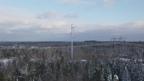 Aerial,-High-Voltage-Electrical-Power-Lines-in-a-Winter-Forest