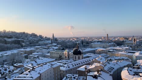Establishing-panning-shot-of-picturesque-city-of-Salzburg-covered-in-white-snow