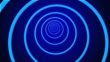 Abstrakter-Kreistunnel,-Futuristisches-Portal,-Leuchtender-Bunter-Neon-LED-Bildschirmring-Auf-Dunklem-Hintergrund,-3D-Animation,-Visueller-Effekt,-Optische-Täuschung,-4K-Blau