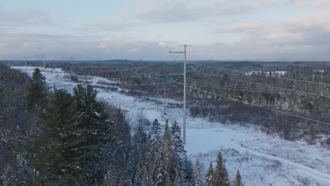 High-Voltage-Electrical-Power-Lines-in-a-Rural-Winter-Forest,-Aerial
