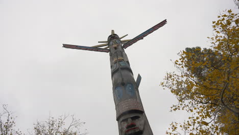 A-low-angle-orbiting-shot,-moving-from-left-to-right,-captures-a-Totem-Pole-set-against-the-canvas-of-rain-and-overcast-skies