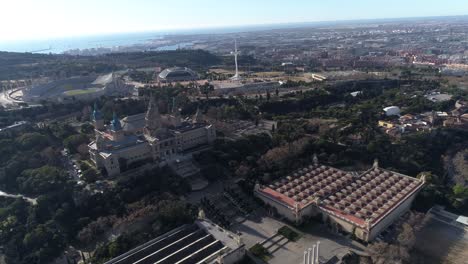 Aerial-View-National-Art-Museum-of-Catalonia-in-Barcelona,-Spain