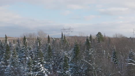 Winter-Powerlines-Stretching-Through-Snowy-Forested-Landscape,-Aerial