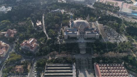 Aerial-View-National-Art-Museum-of-Catalonia-in-Barcelona,-Spain